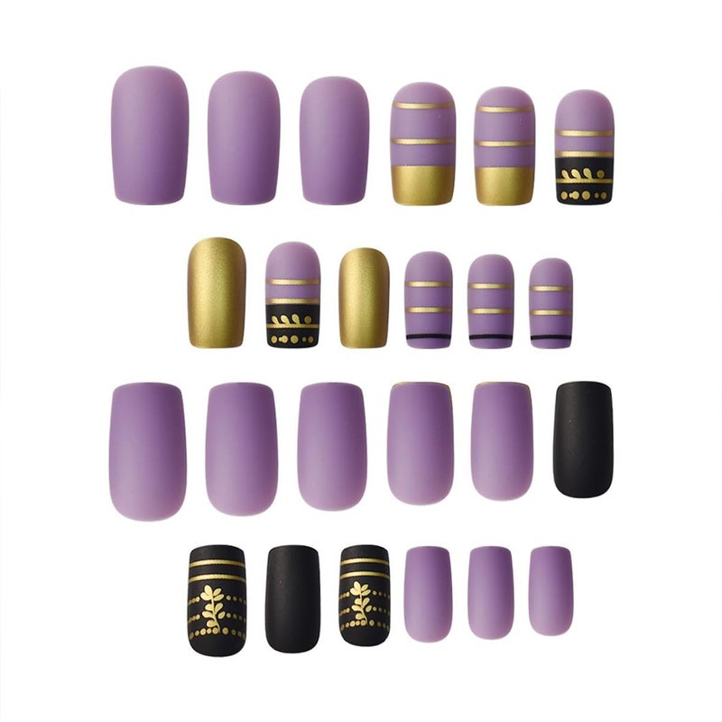 HJKDSFD Short Square Press on Nails Purple Black Fake Nails Gold Foil Lines Design Glue on Nail Cute Matte Acrylic False Nails Reusable Full Cover Artificial Nails for Women Girls 24Pcs - Image 3